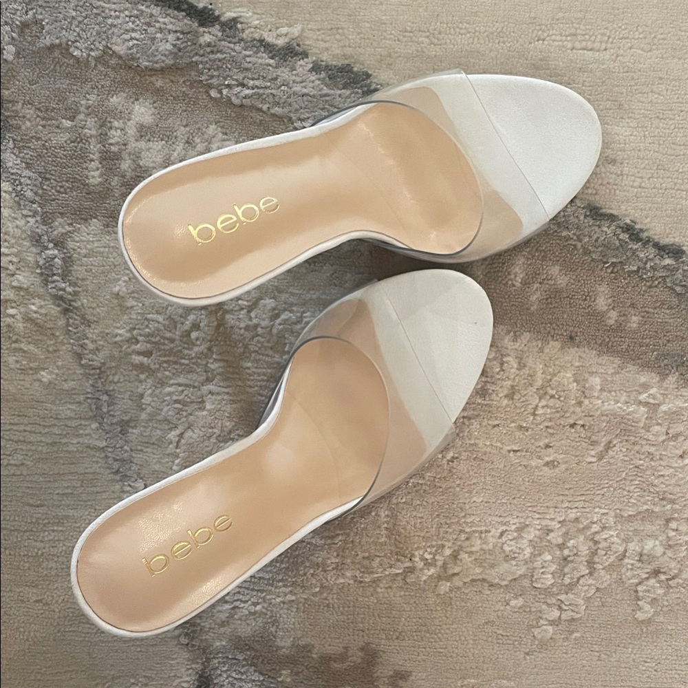 bebe White Slide Sandals with Clear Strap